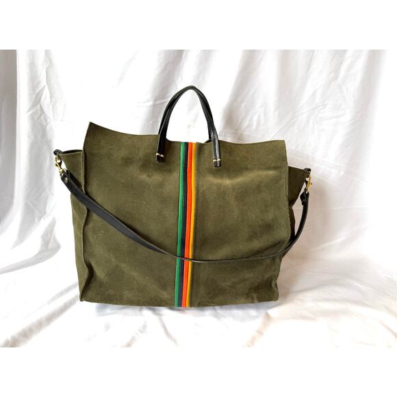 Clare V Handbags - Clare V Large Simple Tote Bag Olive Army Green Suede Multicolor Center Stripe